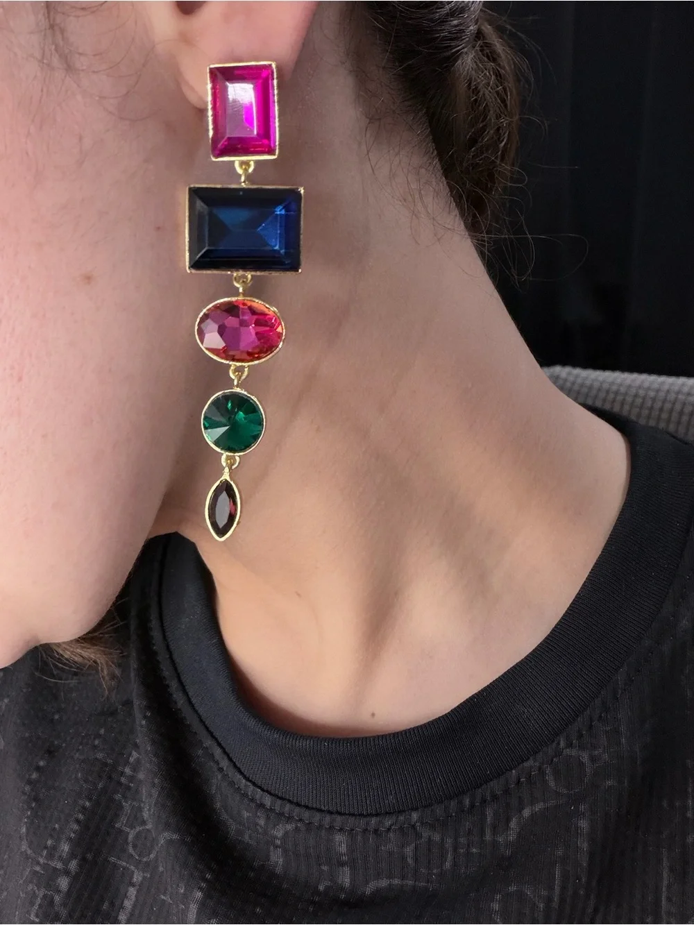 Gold-Tone Multicolor Gem Drop Earrings (Pink, Blue, Green)